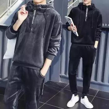 Зима Осень Мужские толстовки с брюками бархатный костюм Золотой бархатный комплект из двух частей спортивный костюм XXXL чёрный