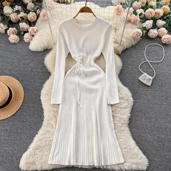 Зима-Осень, однотонное вязаное платье-свитер с рисунком, женское тонкое платье-пуловер трапециевидной формы с длинными рукавами one size чёрный