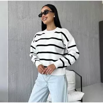 Зима Осень Свободный Круглый вырез Полосатый трикотажный пуловер Женский Длинный рукав Повседневный свитер с О-образным вырезом S белый/зелёный