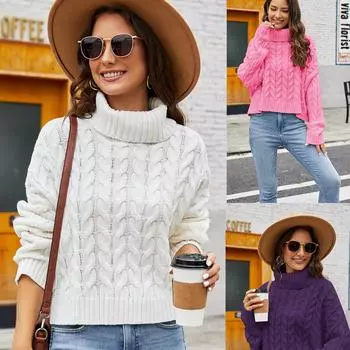 Зима/осень Водолазка Вязаные женские свитера Пуловеры Топ Однотонный вязаный крючком Уличная одежда Свободный термоджемпер Женский мягкий трикотаж S белый