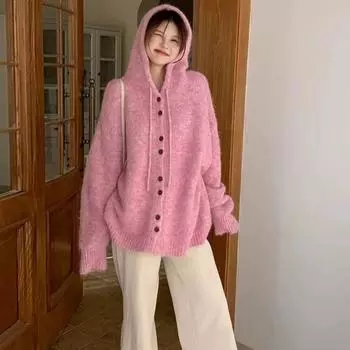 Зима Осень Женщины Плюс Размер Вязание Свитера Повседневный Свободный Кардиган Мода Оверсайз Розовый One Size бежевый