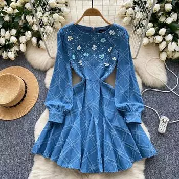Зима Осень Женщины Роскошь Бисероплетение 3D Цветок Джинсовые Mni Короткие Платья Для Вечеринок M синий