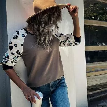Зима-осень женская мода с леопардовым принтом Лоскутная футболка Свободный вязаный топ S коричневый