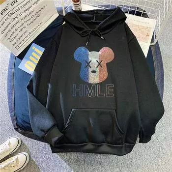 Зима-осень женская мода с мультяшным принтом и капюшоном, свободная бархатная теплая толстовка S белый