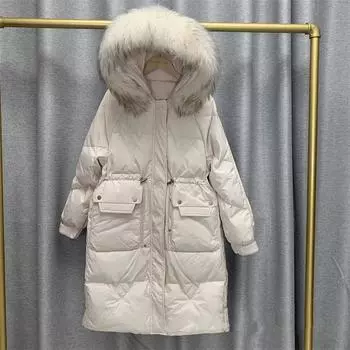 Зима-Осень женская свободная мягкая молния однотонная длинная куртка с меховым воротником с капюшоном универсальная теплая белая куртка на утином пуху S