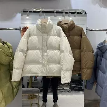 Зима-Осень женская свободная мягкая однотонная куртка на молнии с воротником-стойкой, универсальное теплое белое пальто на утином пуху OneSize чёрный