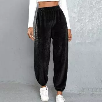 Зима-осень женские брюки Толстые плюшевые теплые однотонные брюки с высокой талией и поясом на щиколотке Свободные мягкие холодостойкие эластичные повседневные спортивные штаны с эластичной резинкой на талии Длинные брюки L темный кофе