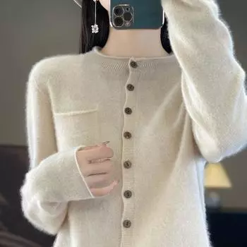 Зима Осень Женский Кашемировый Кардиган Круглый Вырез Вязаная Куртка С Множеством Пуговиц Пуловер Свитер Кашемировый Свитер XL белый