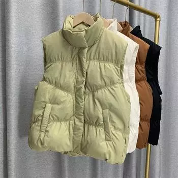Зима-Осень женский однотонный теплый жилет без рукавов с воротником-стойкой для женщин, свободное шикарное белое пальто на утином пуху S бежевый