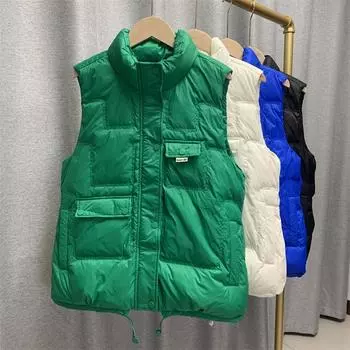 Зима-Осень, женский однотонный теплый жилет без рукавов с воротником-стойкой, женская свободная шикарная белая куртка на утином пуху S бежевый