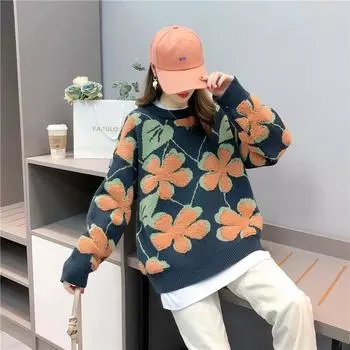 Зима Осень Женский Теплый Жаккардовый Свитер Свободный Трикотажный Верхний Топ One Size хаки