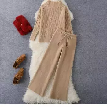 Зима Осень Женский трикотажный комплект из 2 предметов Полувысокий воротник Теплый свитер Костюм Широкие штаны Свободные брюки Однотонный мягкий спортивный костюм One Size чёрный