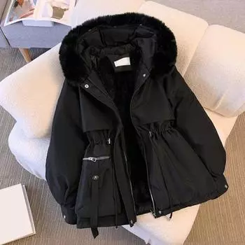 Зима-осень женское пальто с капюшоном из искусственного меха с утолщенной подкладкой и длинными рукавами на шнурке с эластичной резинкой на талии средней длины ветрозащитная морозостойкая застежка-молния 2XL белый