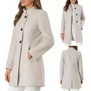 Зима-осень женское пальто-стойка с воротником-стойкой и защитой шеи с длинным рукавом, толстое теплое однобортное пальто с толстыми теплыми карманами, женское пальто средней длины M бежевый