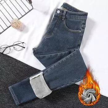 Зима-осень-зима плюс бархатные утепленные эластичные брюки с высокой талией больших размеров женские брюки-карандаш джинсы джинсовые укороченные брюки 25 серый/синий