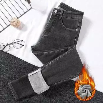 Зима-осень-зима плюс бархатные утепленные эластичные брюки с высокой талией больших размеров женские брюки-карандаш джинсы джинсовые укороченные брюки 25 чёрный