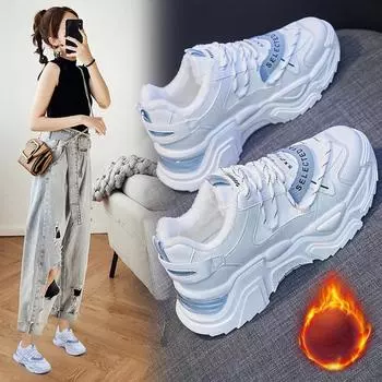 Зима Плюс Бархатные Кроссовки Женская Мода Повседневная Теплая Обувь Открытый Повседневные Кроссовки 35 белый