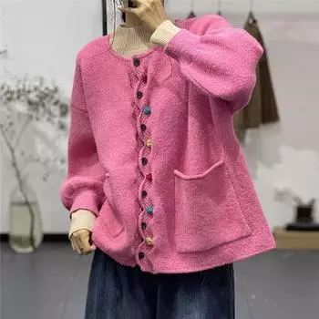 Зима плюс размер осень женская однотонная пуговица свитер куртка вязаный модный оверсайз повседневный стиль One Size детские розовый