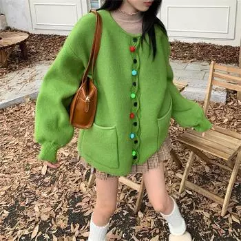 Зима плюс размер осень женский цветной блок свитер винтажное пальто с волнистыми краями куртка вязание оверсайз повседневный стиль свободный кардиган свитер One Size кофейный