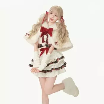 Зима Весна Kawaii Lolita Dress Sets Women Bow Hooded Shawl Short Jackets Plaid Patchwork Mini Dresses Christmas New Year Suit XL белый