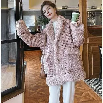 Зима, Xiaoxiangfeng овечья шерсть мода свободный розовый клетчатый сращивание приталенный крой утолщенный хлопковый пальто для женщин XS 90-52.5kg