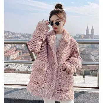 Зима, Xiaoxiangfeng шерсть ягненка мода свободный розовый клетчатый сращивание облегающий крой утолщенный хлопковый пальто женщины XS 90-52.5kg