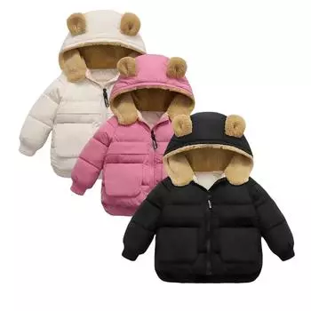 Зимне-осеннее пальто для детей, легкая стеганая куртка для мальчиков и девочек, верхняя одежда с капюшоном и медведем, детская верхняя одежда на весну от 2 до 6 лет 90(2T) чёрный