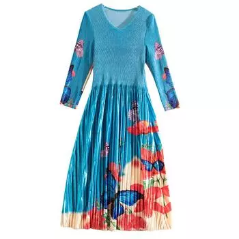 Зимнее бархатное платье с золотыми цветами и цветами, облегающее платье для мам среднего возраста, плиссированные женские платья с синим принтом M синий