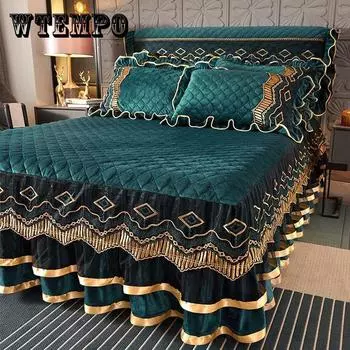 Зимнее бархатное утолщенное стеганое покрывало King Queen Size, фланелевая стеганая юбка-кровать, включая наволочку 150*200CM with pillowcase