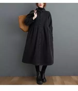 Зимнее бархатное женское платье большого размера с длинным рукавом, вельветовое повседневное теплое пальто M