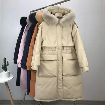 Зимнее белое пуховое универсальное теплое пальто, женская куртка с утолщенной талией из лисьего меха