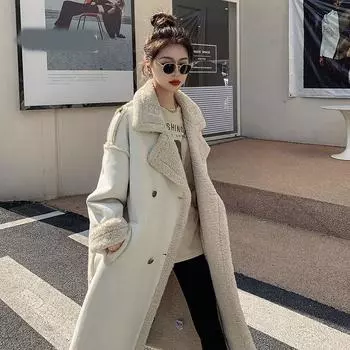 Зимнее белое свободное и толстое искусственное меховое пальто из ягненка для женщин с воротником-стойкой, утолщенное шерстяное пальто L бежевый