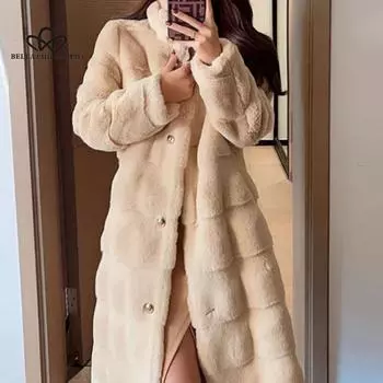 Зимнее бревенчатое полосатое теплое пушистое пальто из искусственного норкового меха с воротником-стойкой, корейское пальто, женское длинное пальто S хаки