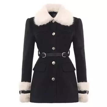 Зимнее черное элегантное пальто женское повседневное милое теплое длинное рукава меховой воротник платье пальто корейская мода куртка верхняя одежда шикарный новый XS чёрный