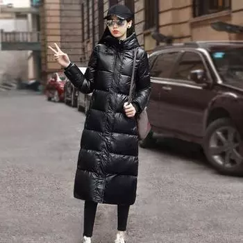 Зимнее черное хлопковое пальто с капюшоном и длинная облегающая одежда для женщин L чёрный