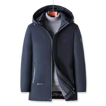 Зимнее деловое хлопковое пальто с капюшоном для мужчин среднего и пожилого возраста, цельный комбинезон средней длины M чёрный