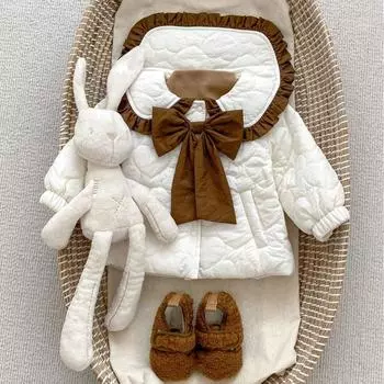 Зимнее детское пальто с хлопковой подкладкой, утепленное пальто для девочек в западном стиле с хлопковой подкладкой и бантом на лацканах, теплое пальто с хлопковой подкладкой для девочек 66 коричневый