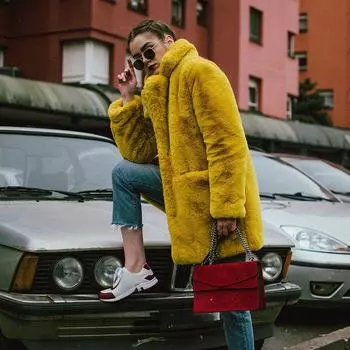 Зимнее длинное модное плюшевое теплое повседневное свободное пальто утолщенное пальто на полах S жёлтый