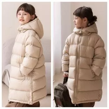 Зимнее длинное пальто для мальчиков и девочек, белая куртка с капюшоном на утином пуху, теплое длинное пальто выше колена в корейском стиле, утепленное пальто для детей 100 хаки