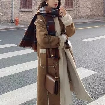 Зимнее длинное пальто из искусственного меха, женское пальто на пуговицах S(44-60KG) коричневый