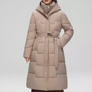 Зимнее длинное пальто женские парки с капюшоном модные толстые теплые верхние одежды женские куртки с поясом M чёрный