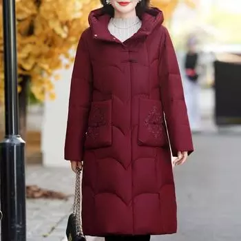 Зимнее длинное пуховое пальто для женщин, верхняя одежда больших размеров с капюшоном и вышивкой, элегантный толстый теплый пуховик для женщин Prakas XL красный