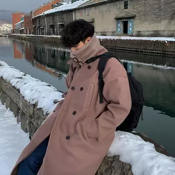 Зимнее двубортное шерстяное пальто для мужчин, шерстяная ветровка средней длины, мужское свободное пальто из овечьей шерсти в корейском стиле M