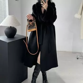 Зимнее двухстороннее шерстяное пальто женское с длинными бретелями съемная лиса талия высококачественное пальто M слоновая кость