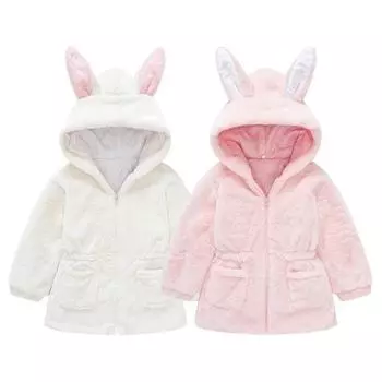 Зимнее флисовое детское пальто для девочек, детские куртки с капюшоном и кроликом из искусственного меха, одежда для девочек, осенняя теплая флисовая детская верхняя одежда, одежда 90cm белый