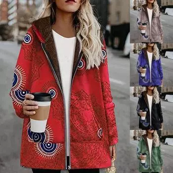 Зимнее флисовое толстое пальто, женская мода, напечатанные карманы, молния, капюшон, ретро-весенняя куртка больших размеров, зеленая и красная, хлопковая верхняя одежда S красный