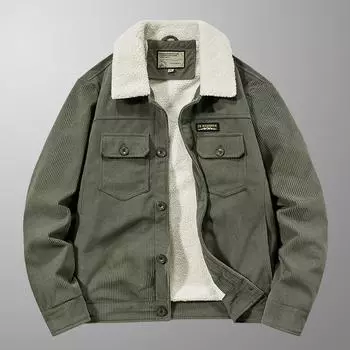 Зимнее флисовое утолщенное вельветовое хлопковое пальто мужская куртка из овечьей шерсти в стиле ретро молодежное повседневное свободное пальто M хаки