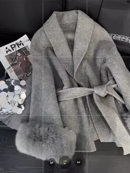 Зимнее французское винтажное шерстяное пальто для женщин со шнуровкой, элегантное ретро-пальто Harajuku, теплое женское карманное пальто в корейском стиле, повседневные наряды 2024 S бежевый