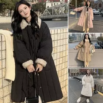 Зимнее хлопковое пальто длиной до икры, утолщенное, с подкладкой, однобортное, с отложным воротником, свободное, с длинными рукавами, приталенная флисовая парка M чёрный