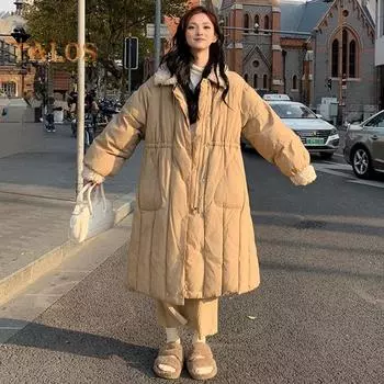 Зимнее хлопковое пальто длиной до икры, утолщенное, с подкладкой, однобортное, с отложным воротником, свободное, с длинными рукавами, приталенная флисовая парка M хаки